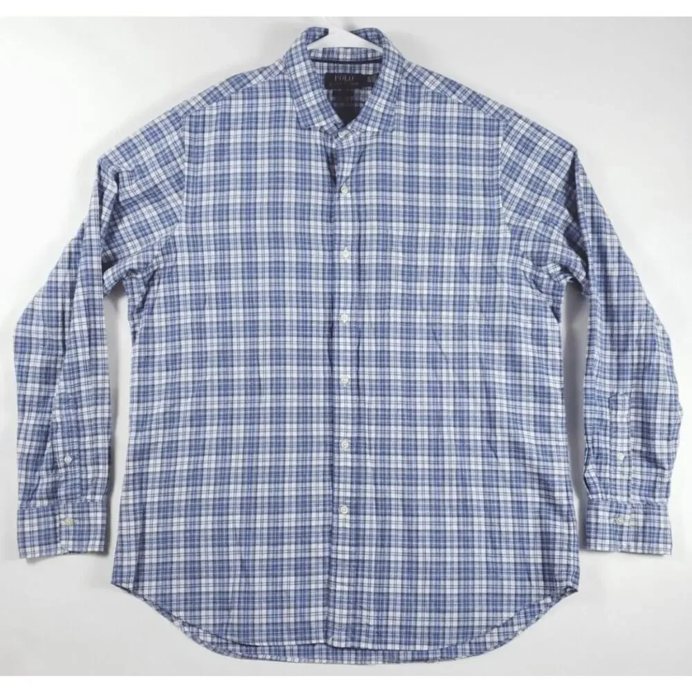 Polo Ralph Lauren Shirt Men XL Blue White Plaid Classic Fit Long Sleeve